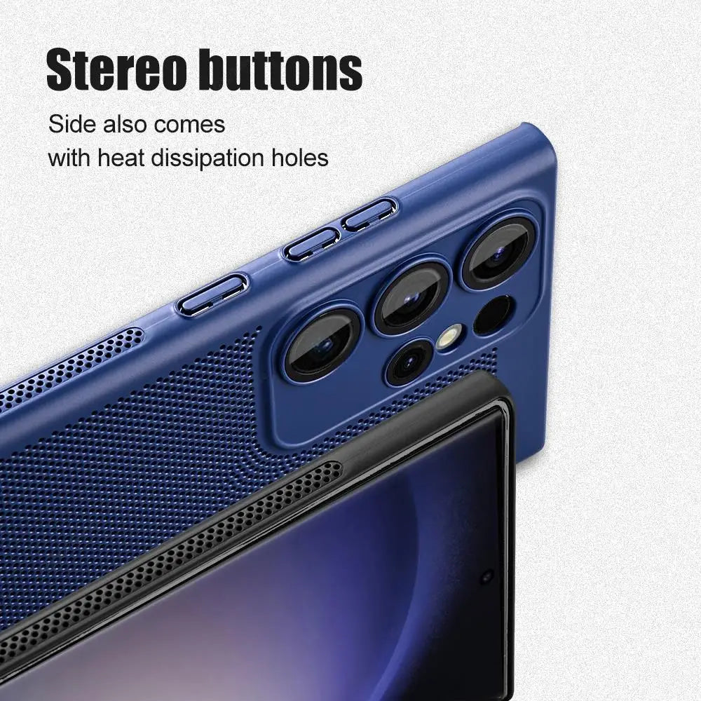 Blue phone case with stereo buttons and heat dissipation holes, showcasing multiple camera lenses in a close-up view. Text highlighting features is visible.