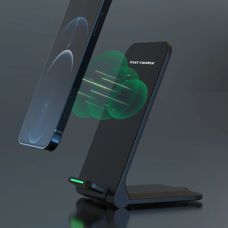 Wireless phone charger stand features a black smartphone being charged. Green lights and "FAST CHARGE" text indicate the charging process on a sleek, modern design.
