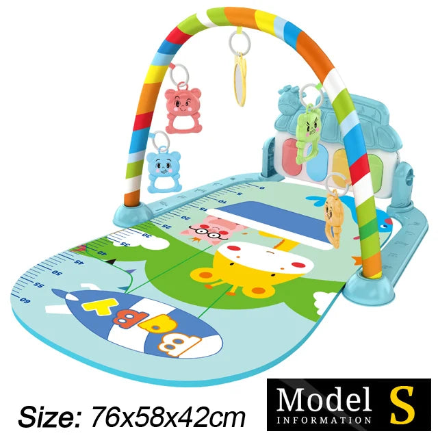 Colorful baby play mat with movable rainbow arch, hanging toys, and animal graphics. Includes a measurement scale on the side. Dimensions: 76x58x42cm. Model S information displayed.