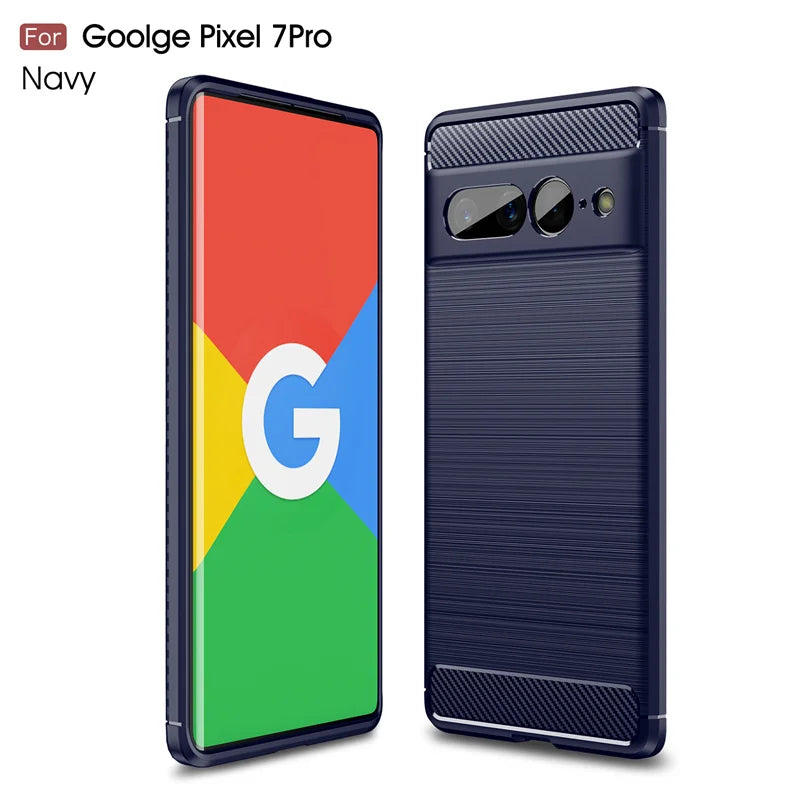 Navy phone case for Google Pixel 7 Pro, featuring a textured back and precise camera cutout. Front display shows colorful Google logo. Text reads "Goolge Pixel 7Pro Navy."