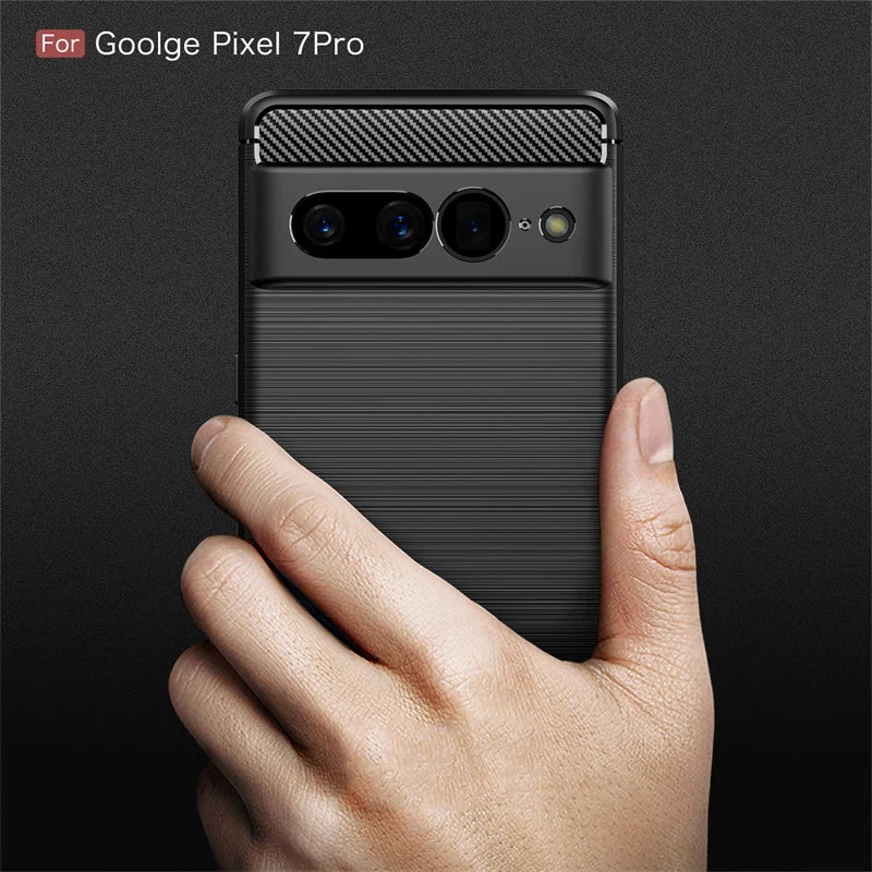 Close-up of a hand holding a Google Pixel 7 Pro with a sleek black case, showcasing the phone's back, triple camera setup, and textured details.