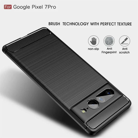 Protective case for Google Pixel 7 Pro with a brushed texture. Features include non-slip grip, anti-fingerprint, and anti-scratch. Highlighted camera area and carbon fiber accents.