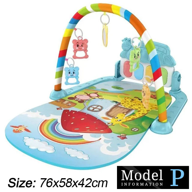Colorful baby play mat with overhead arch, dangling toys, and a vibrant animal and rainbow design. Dimensions: 76x58x42cm. Model P information included.