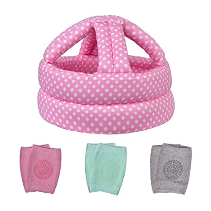 Pink polka dot padded baby helmet with three pairs of knee pads in pink, mint green, and gray, each featuring a circular textured pattern.