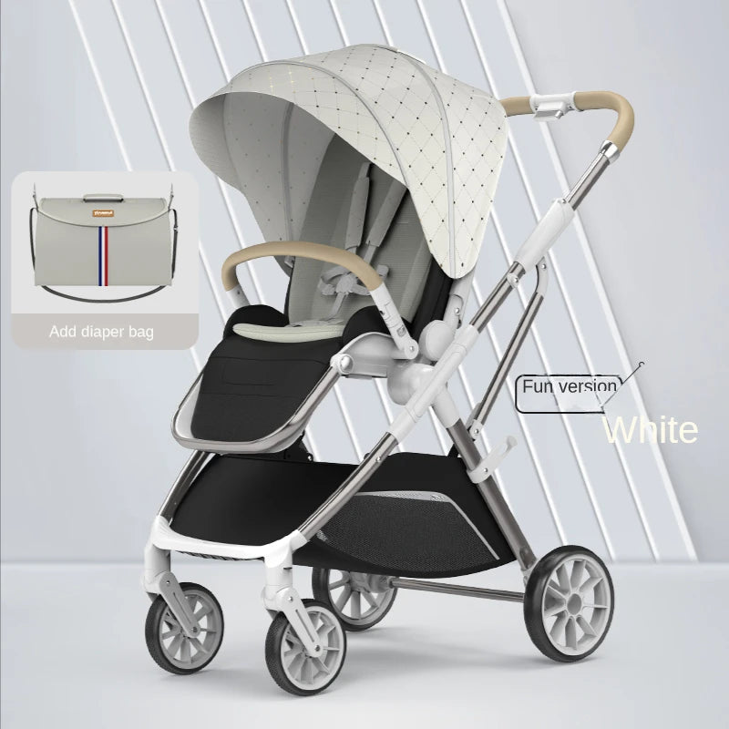 White baby stroller with a quilted canopy and beige accents, featuring a four-wheel design. Includes an optional diaper bag with a striped accent shown in the inset.