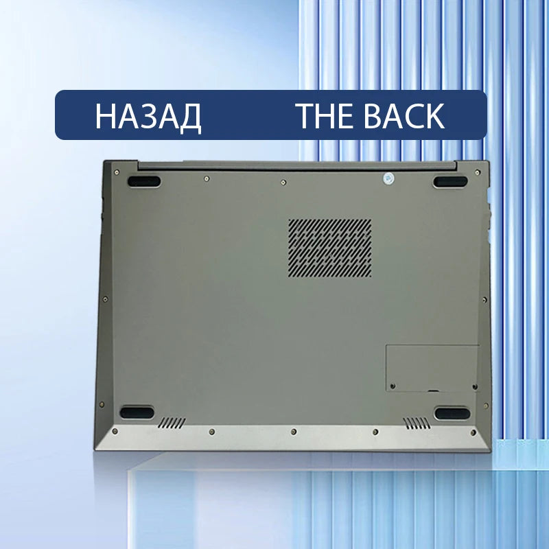Back view of a gray electronic device on a blue gradient background. The words "НАЗАД THE BACK" are displayed above the device, indicating the rear side.
