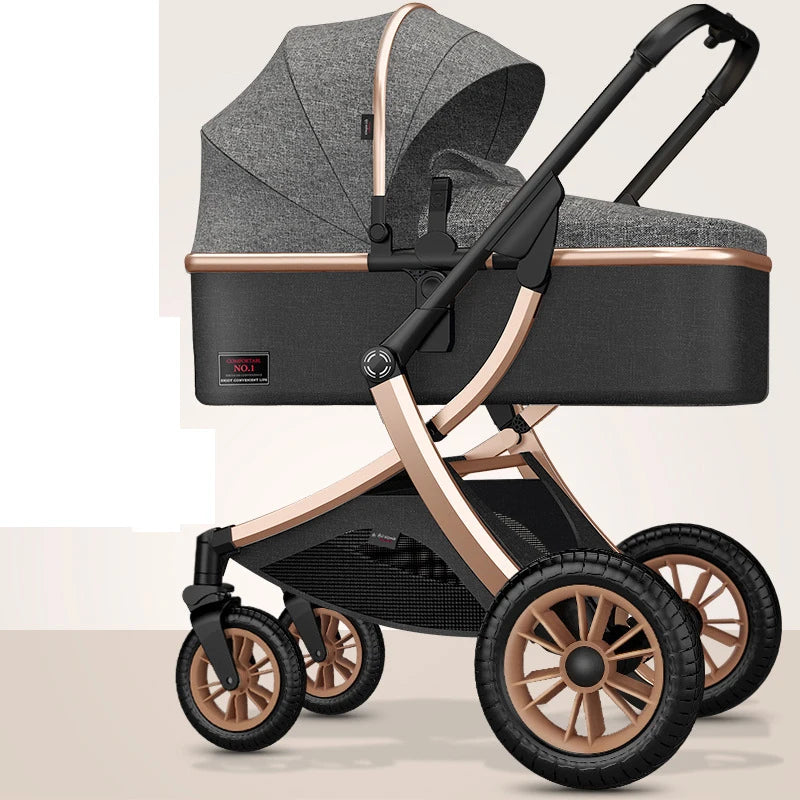 A stylish baby stroller featuring a gray fabric canopy and rose gold frame, with black accents. It has four wheels and a basket beneath for storage.