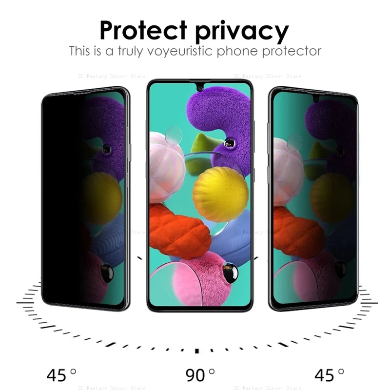 Three phones displaying a colorful screen at different angles. The center phone is at 90 degrees, showing a clear image, while the side phones at 45 degrees are darkened for privacy.