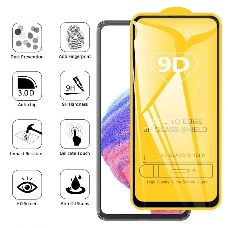 Yellow 9D glass screen protector shown with phone, highlighting features: dust prevention, anti-fingerprint, 9H hardness, anti-chip, impact resistance, delicate touch, HD screen, anti-oil stains.
