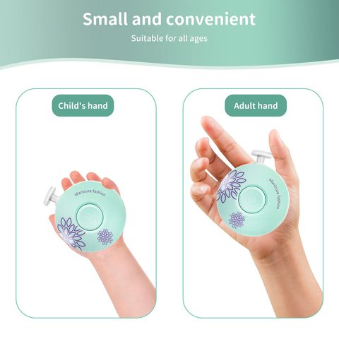 Compact, round bottle held in a child's hand on the left and an adult's hand on the right, showcasing its small, convenient design. The bottle is mint green with floral patterns.