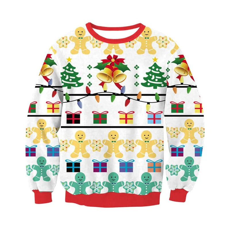 Festive sweater with gingerbread men, Christmas trees, bells, lights, and wrapped gifts in vibrant colors. Red collar and cuffs add a holiday touch to the white background.