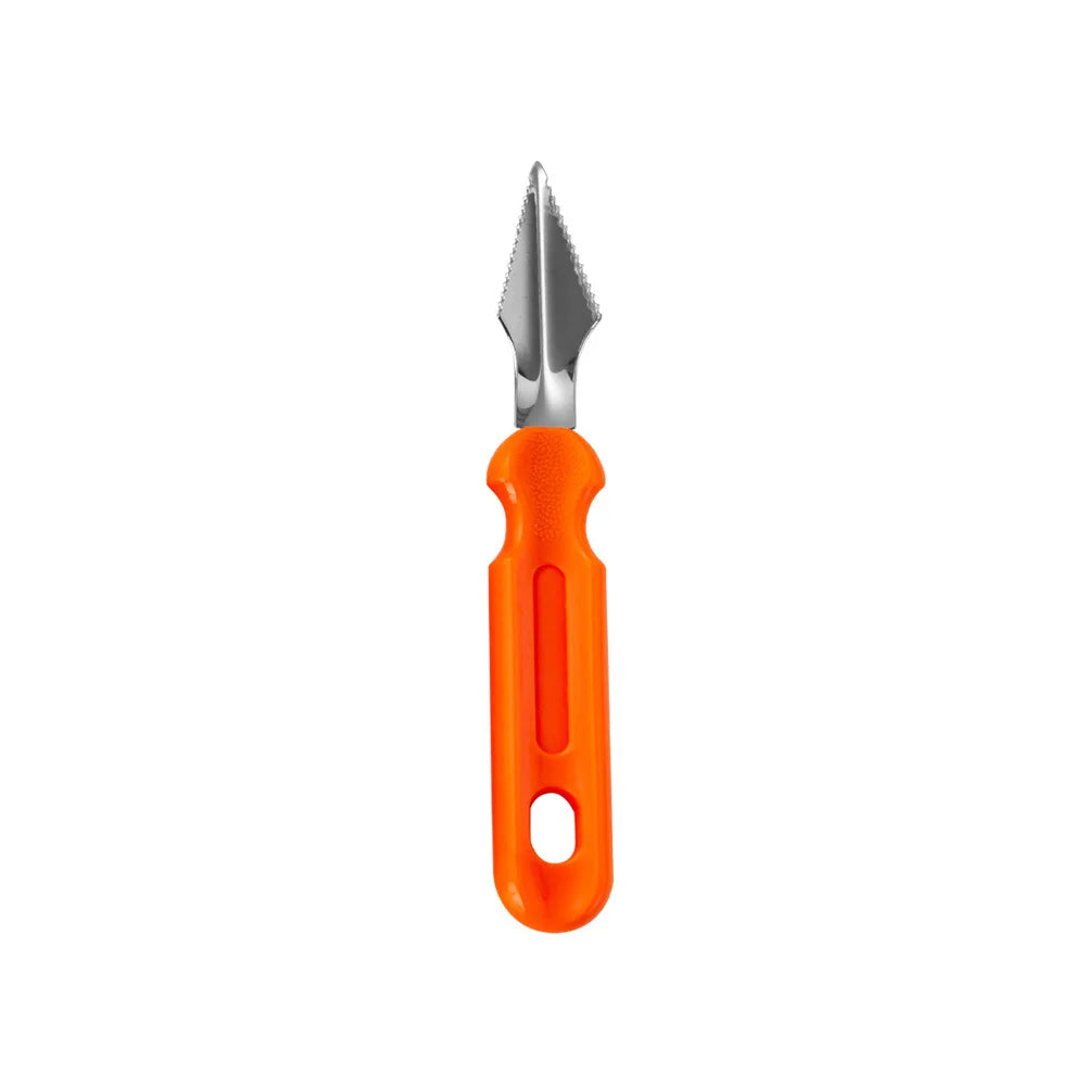 Orange-handled serrated knife with a stainless steel blade, designed for easy gripping and precise cutting.
