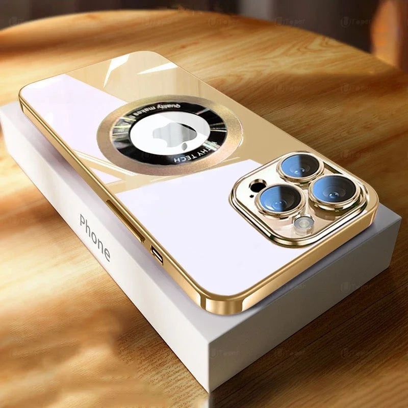 Gold smartphone with triple-lens camera, placed on a white box. The phone features a unique circular design element with a logo on the back, reflecting light elegantly.