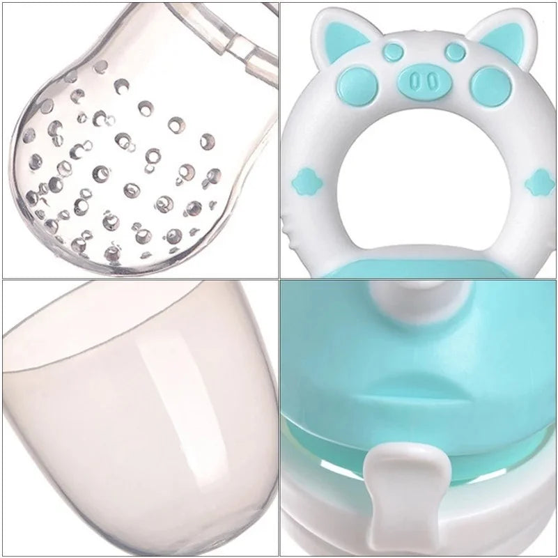 Close-up of a blue and white baby teething pacifier with a cat-ear design. Features include a perforated silicone sack, a smooth container, and easy-grip handle.