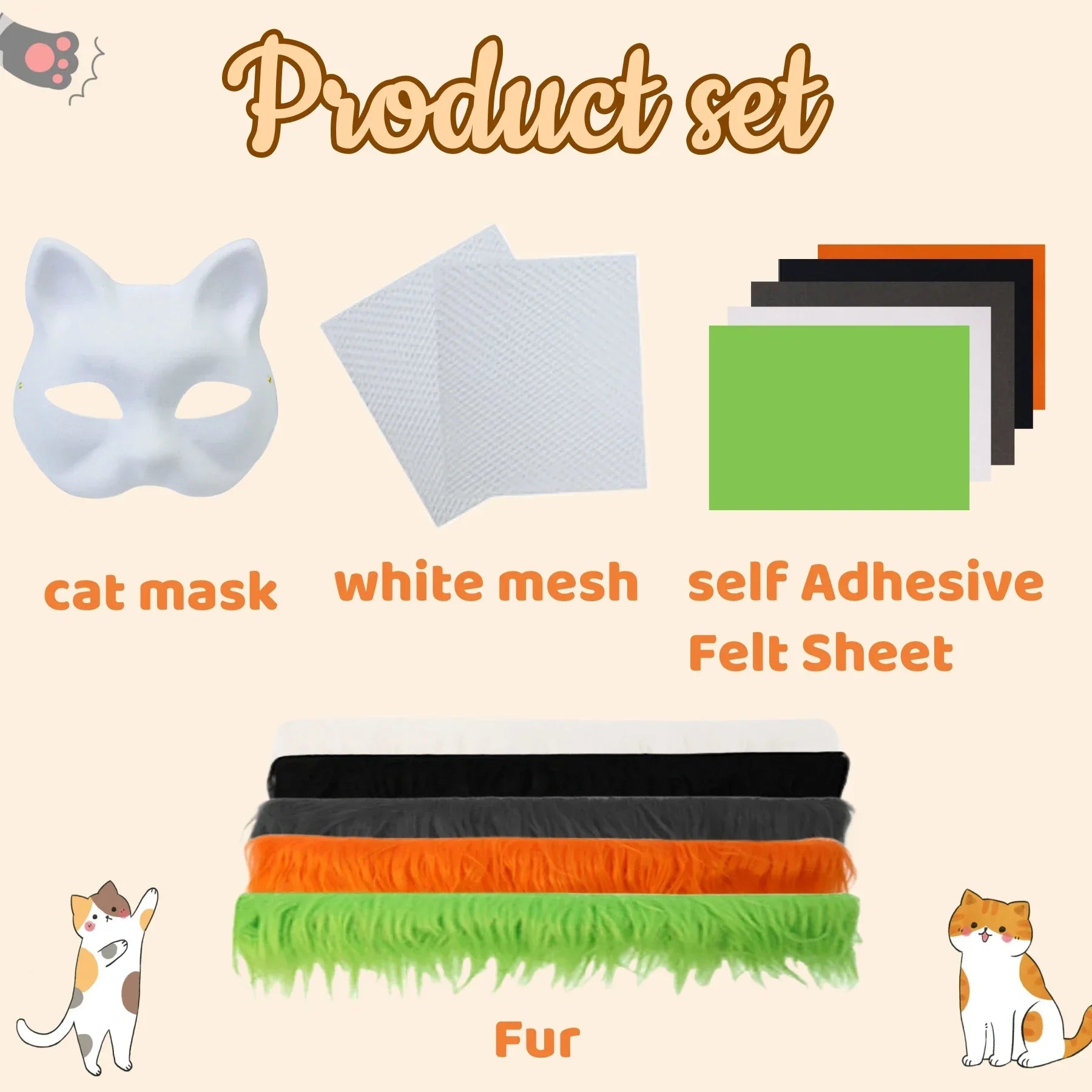 Product set includes a white cat mask, white mesh, self-adhesive felt sheets in various colors, and strips of fur in white, black, orange, and green. Cute cats decorate the image.