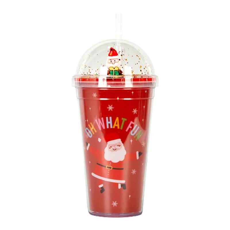 Red festive tumbler with Santa Claus design, snowflakes, and "Oh What Fun" text. Clear domed lid with a miniature Santa inside and a reusable straw.