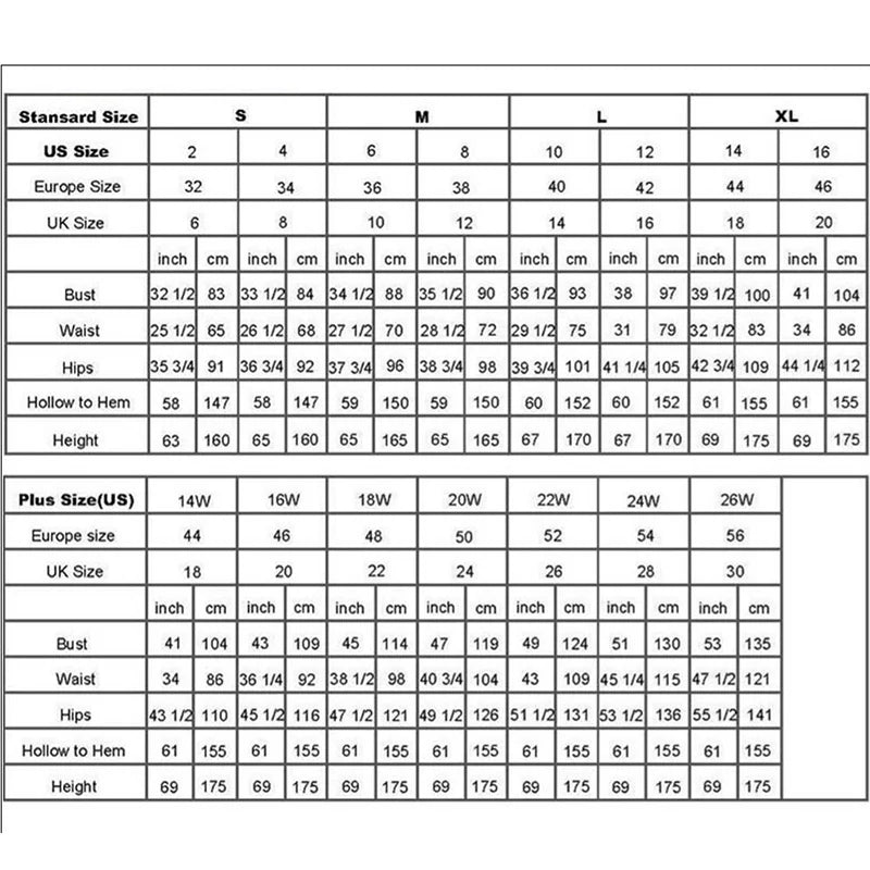Size chart for standard and plus sizes in US, Europe, and UK. Includes measurements for bust, waist, hips, hollow to hem, and height in inches and centimeters.