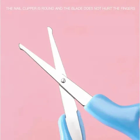 Safety nail clippers with round-edged blades and blue handles against a pink background. The design ensures the blade doesn't hurt fingers.