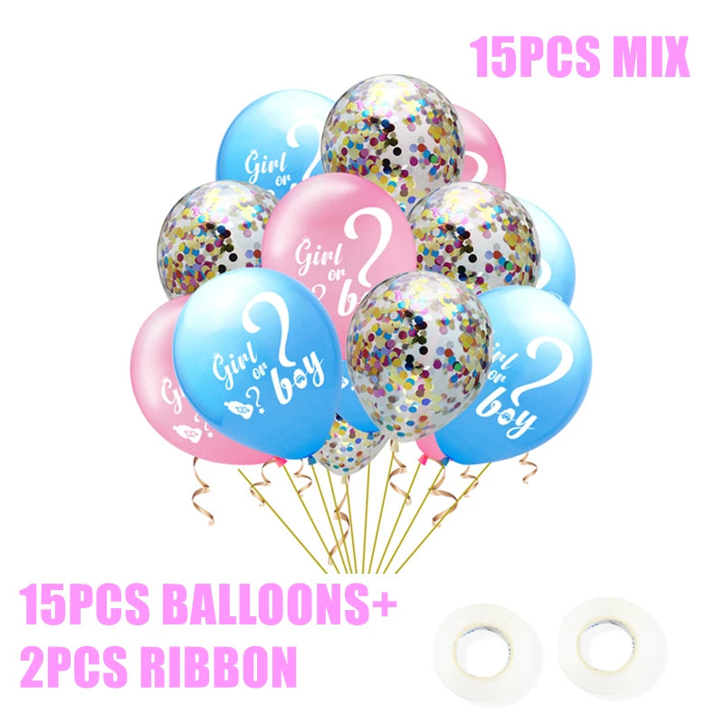 A bouquet of gender reveal balloons in pink, blue, and confetti patterns, with "Girl or boy?" text. Includes 15 balloons and 2 ribbons.