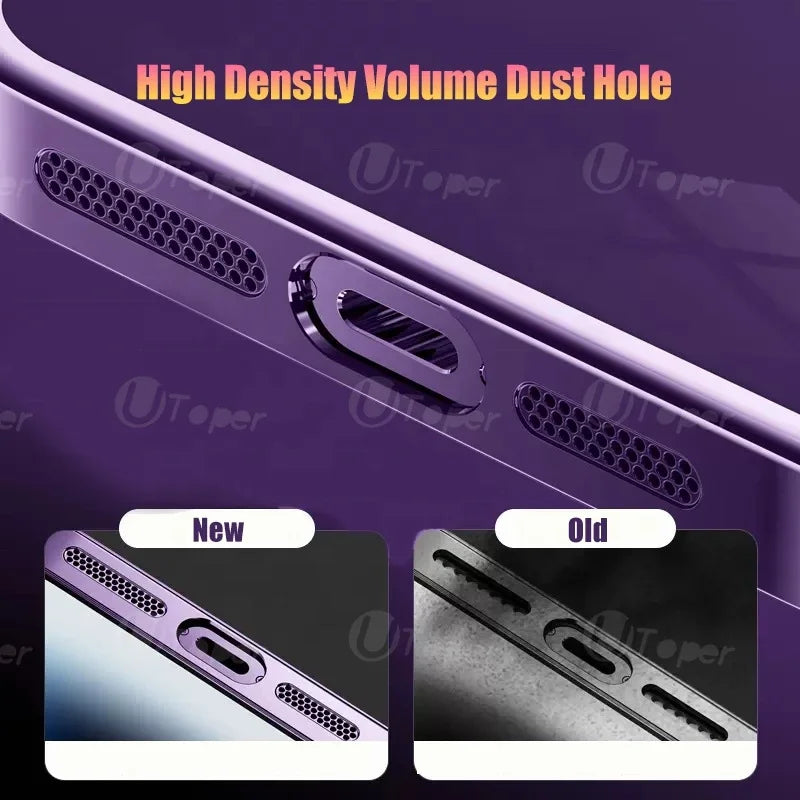 Close-up of a phone's bottom with a new high-density speaker grille design, compared to an old design. Text reads "High Density Volume Dust Hole."