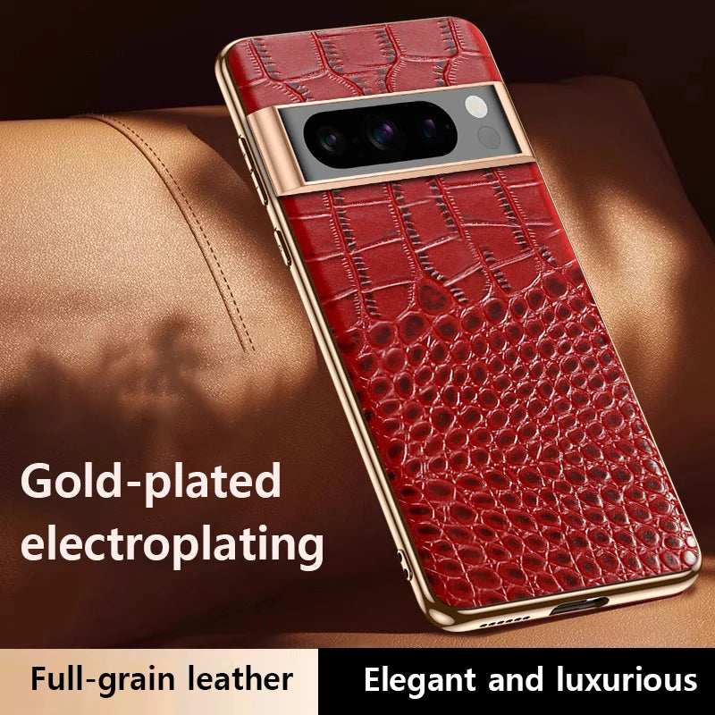 Luxurious phone case in red full-grain leather with gold-plated electroplating, highlighting an elegant, crocodile-textured design. Text reads: "Gold-plated electroplating, elegant and luxurious."