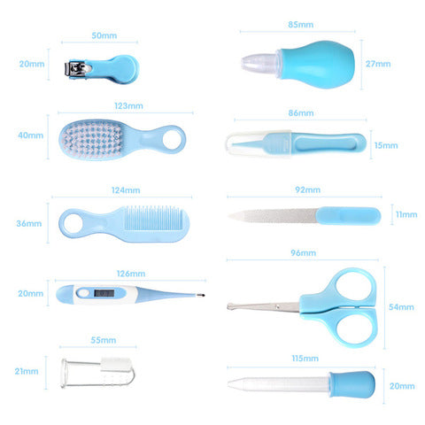 Baby care kit with dimensions includes nail clippers, nasal aspirator, hairbrush, dropper, comb, digital thermometer, emery board, scissors, medicine dispenser, and feeding spoon.