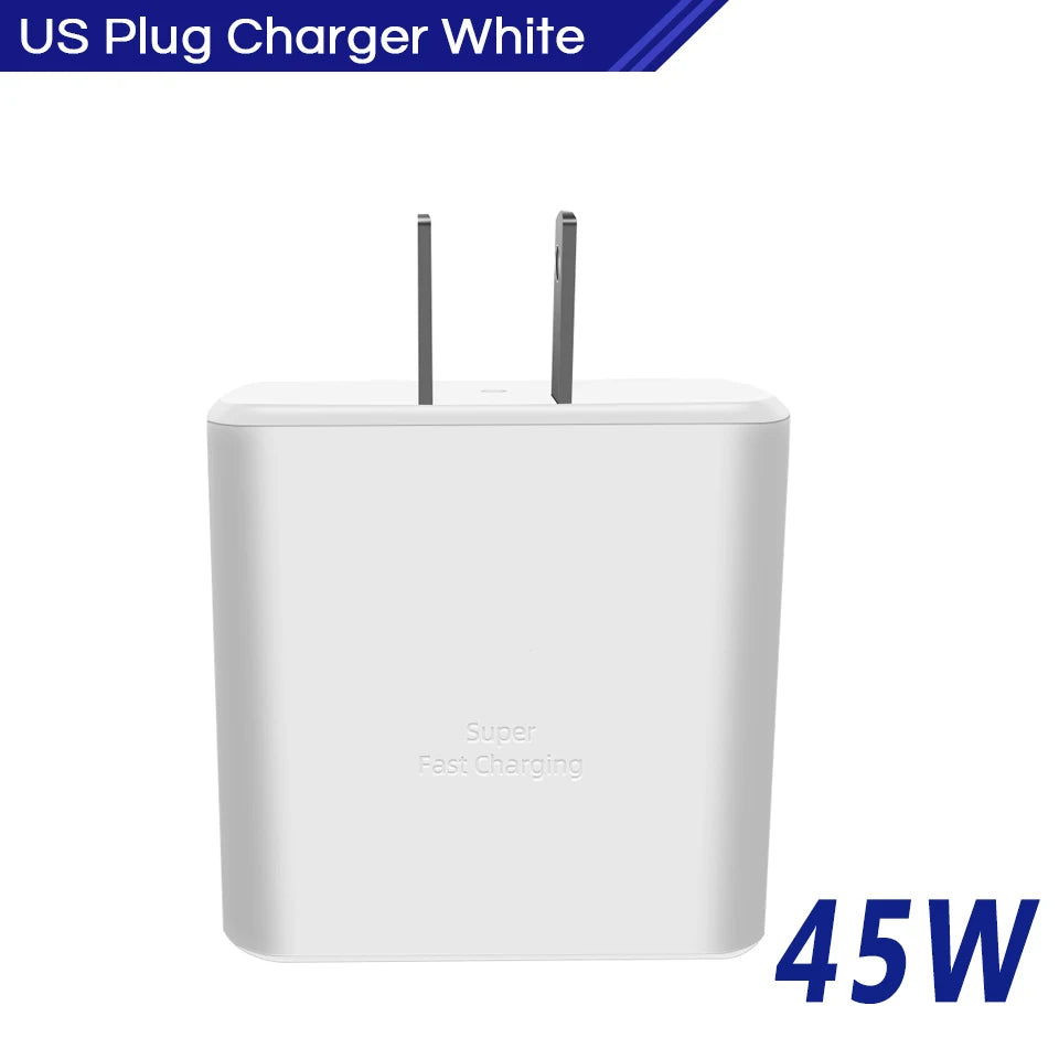 White 45W US plug charger with prongs extended, featuring "Super Fast Charging" text on surface.