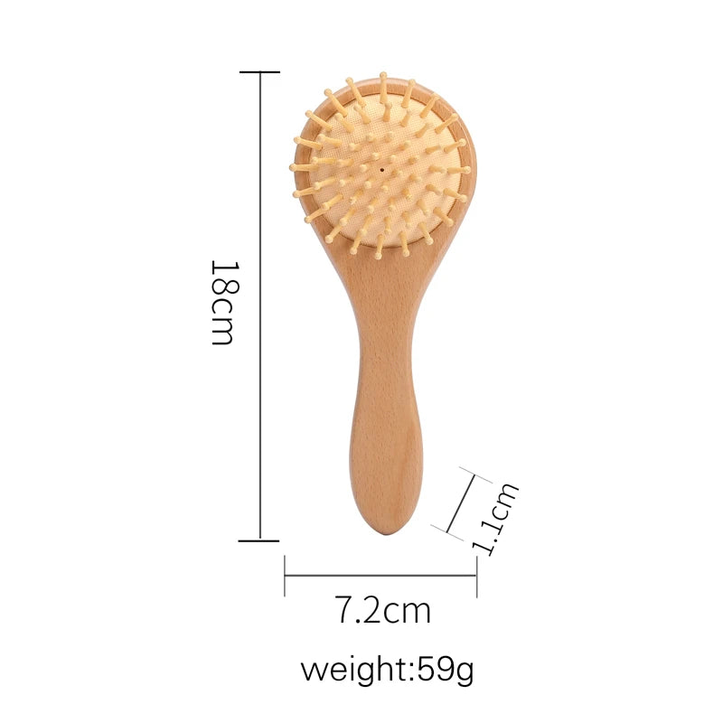 Wooden hairbrush with round bristle head, measuring 18cm long and 7.2cm wide. The handle is smooth, with the brush weighing 59 grams.