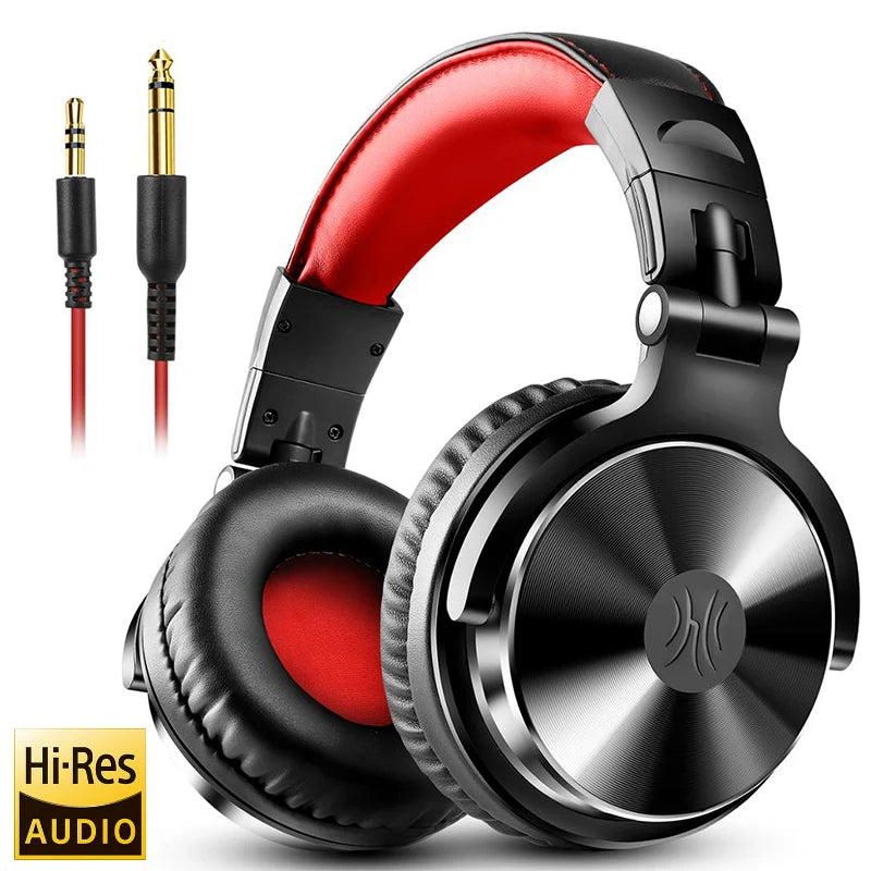 Black and red over-ear headphones with padded ear cushions and headband. Includes a detachable cable with gold-plated connectors. Hi-Res Audio logo on the bottom left.