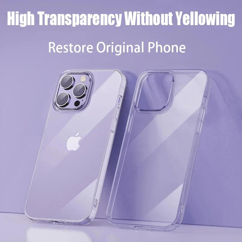 Transparent phone case set on purple background, showcasing high transparency without yellowing, with text stating: "High Transparency Without Yellowing, Restore Original Phone."