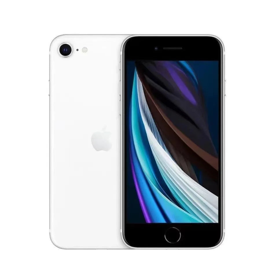 Front and back view of a white smartphone with a black front bezel. The screen displays a colorful abstract design, and a single rear camera lens is visible.