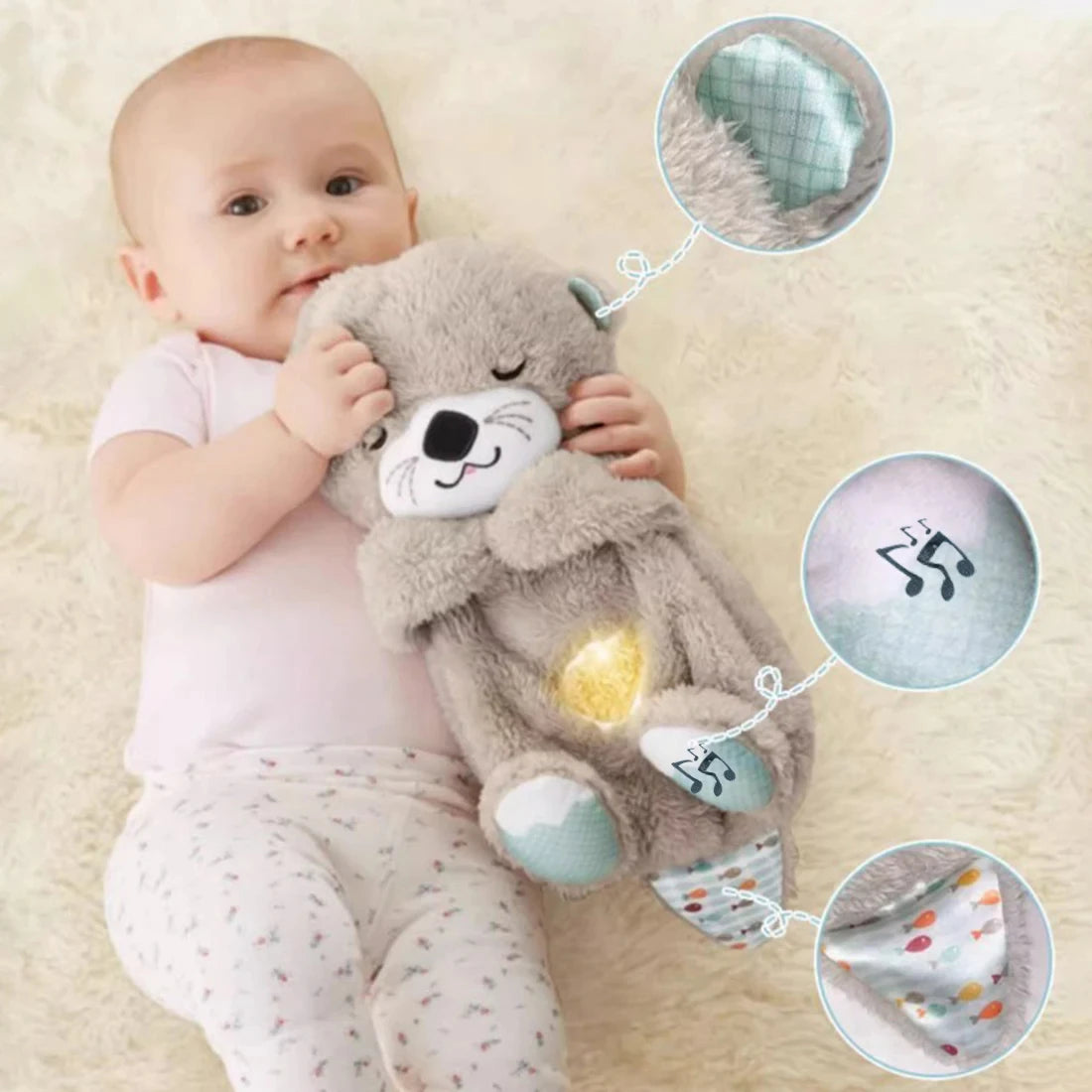 A baby lies on a soft surface, hugging a plush toy otter with a glowing heart. Close-ups show its musical note feature, soft textures, and colorful patterns.