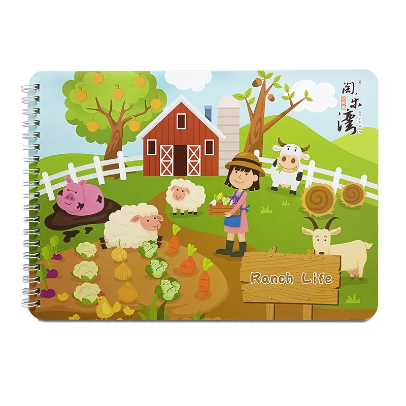 Illustrated ranch scene with a woman holding vegetables, surrounded by a barn, trees, and various animals including a pig, sheep, cow, goat, and chickens; titled "Ranch Life."