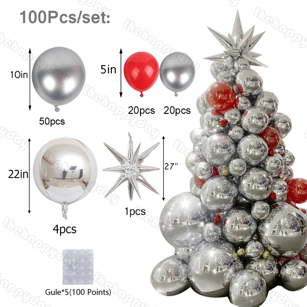 Balloon set with 100 pieces: silver and red balloons (10in-22in), a star topper, glue dots, creating a festive balloon Christmas tree.
