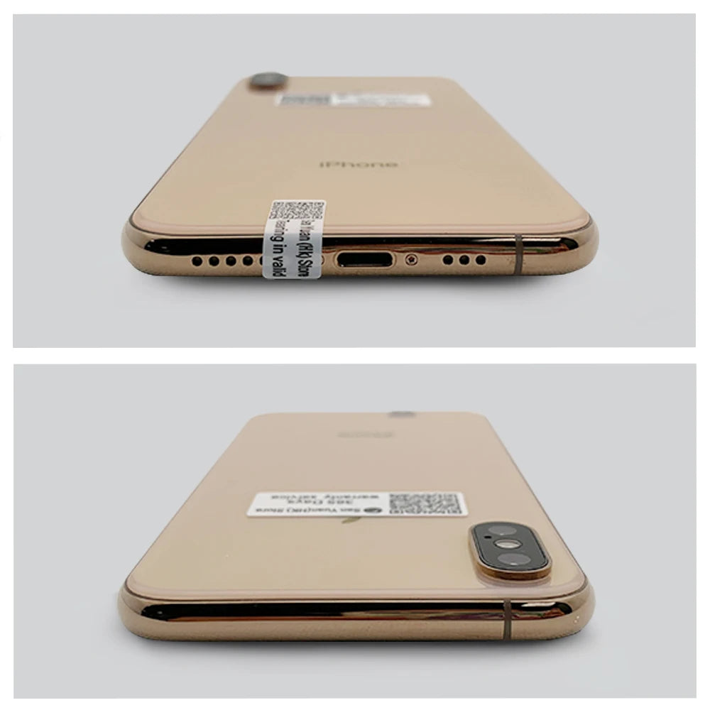 Two views of a gold smartphone showcasing the charging port, speaker holes, and dual rear cameras. Both images have QR codes and stickers partially visible on the surface.