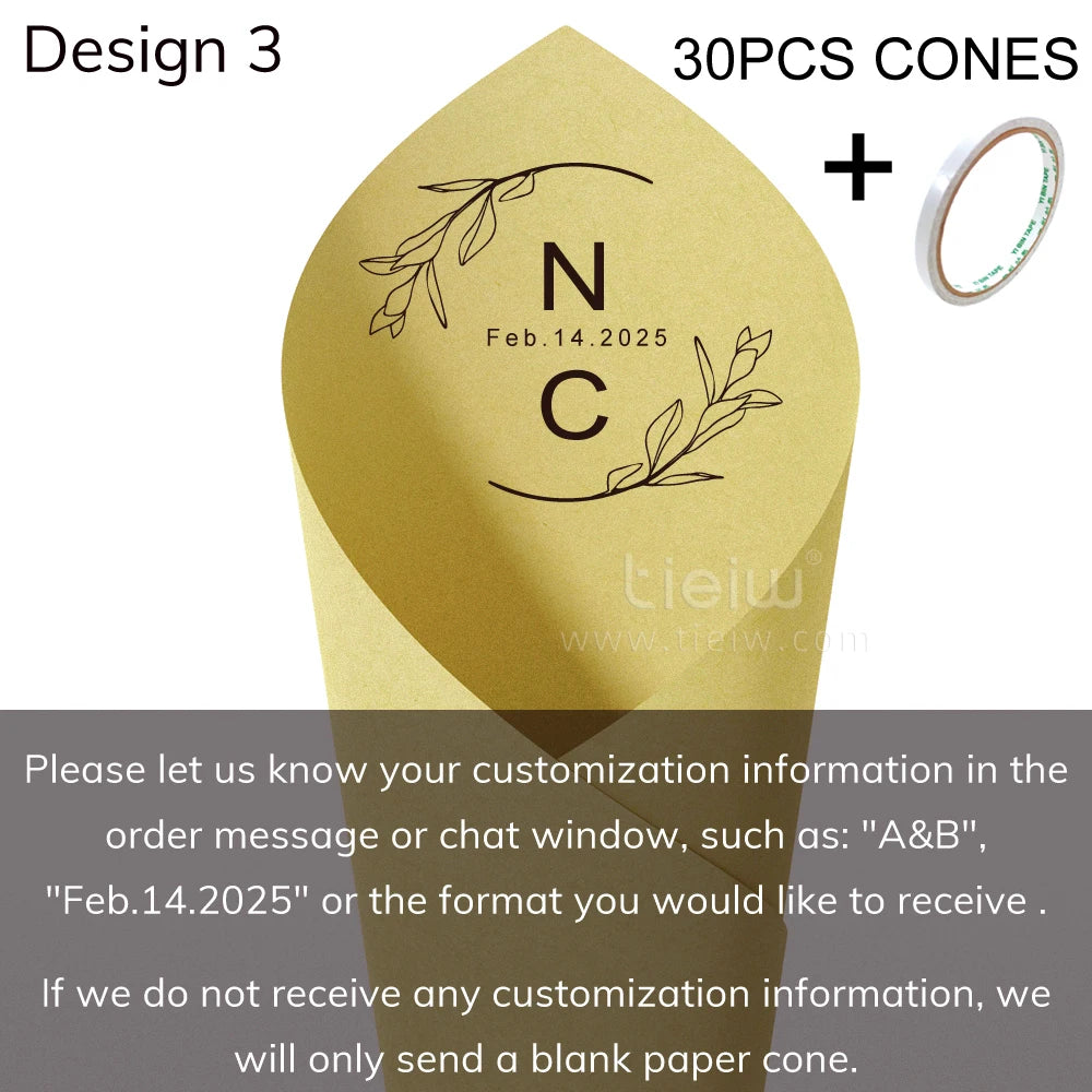 A gold paper cone labeled "Design 3" with "N C" and "Feb.14.2025" surrounded by leaves. Includes 30 cones and tape. Instructions for customization are provided in the text.