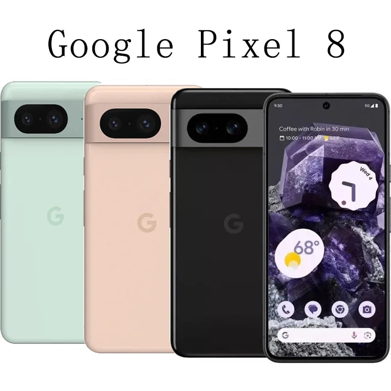 Google Pixel 8 smartphones in mint, peach, and black. The phones feature a rear camera module and a display with a purple-themed interface showing time, weather, and notifications.