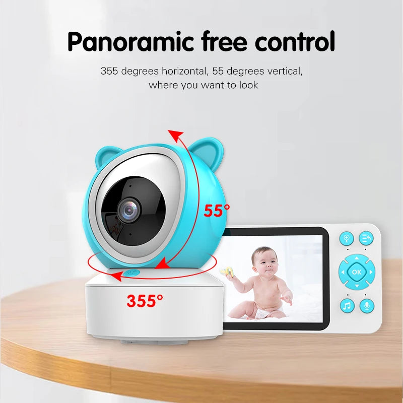 Blue baby monitor with a camera shaped like bear ears offers 355° horizontal and 55° vertical rotation. Screen shows a baby, and remote controls are visible.