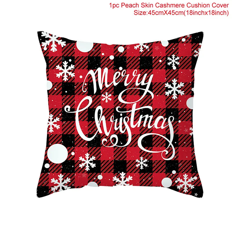 Red and black plaid cushion cover with "Merry Christmas" text in white script, adorned with snowflakes and polka dots. Measures 45x45 cm (18x18 inches).