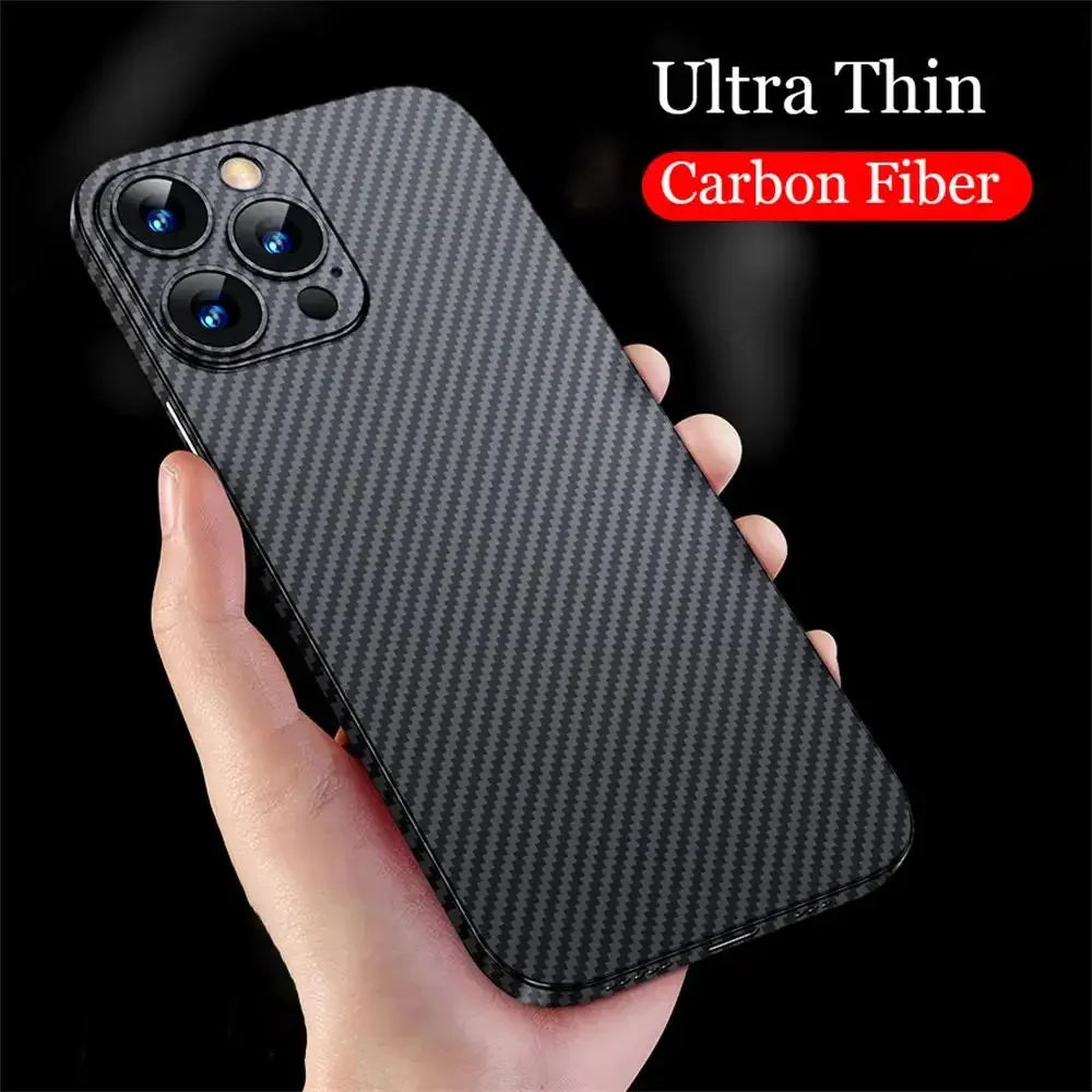 Hand holding a smartphone with an ultra-thin carbon fiber case. The black case is textured with a diagonal pattern, and the phone's camera lenses are visible.