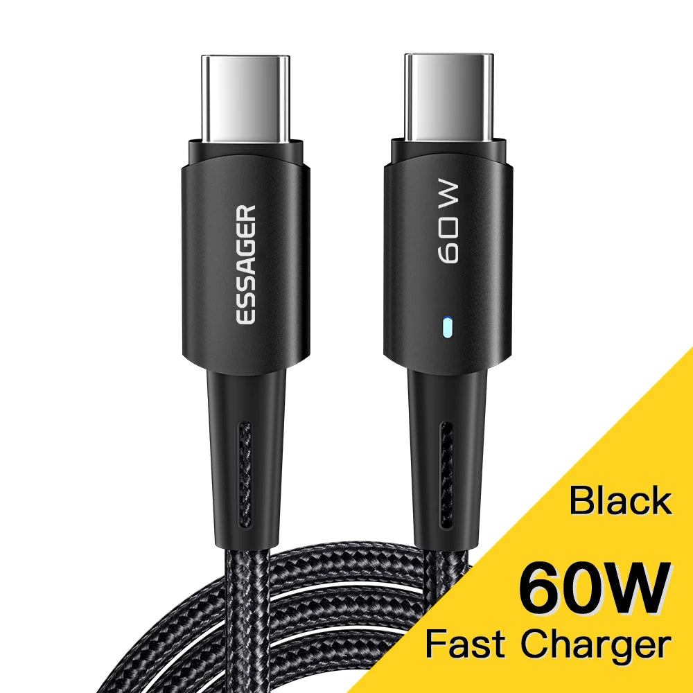 Black braided USB-C cable with 60W fast charging capability, featuring brand logos on connectors. Yellow corner highlights "Black 60W Fast Charger" text.