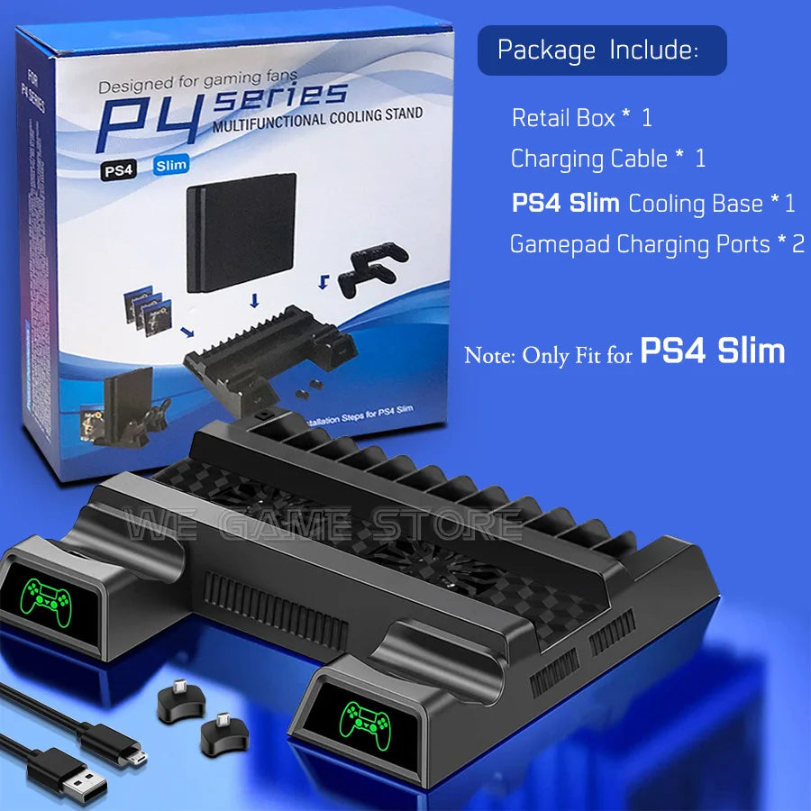 PS4 Slim cooling stand package includes charging cable, cooling base, and two gamepad charging ports. Note indicates compatibility only with PS4 Slim. Box image features assembly diagram.