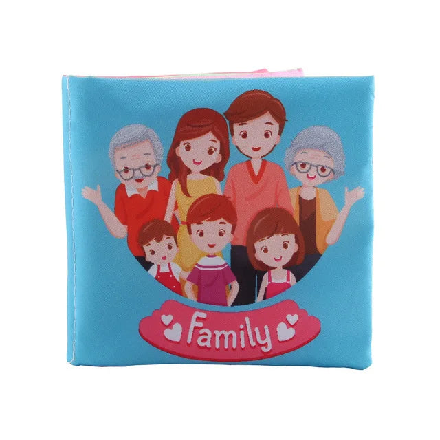 Cartoon illustration of a smiling family with parents, grandparents, and children on a blue background. "Family" is written below with heart decorations.