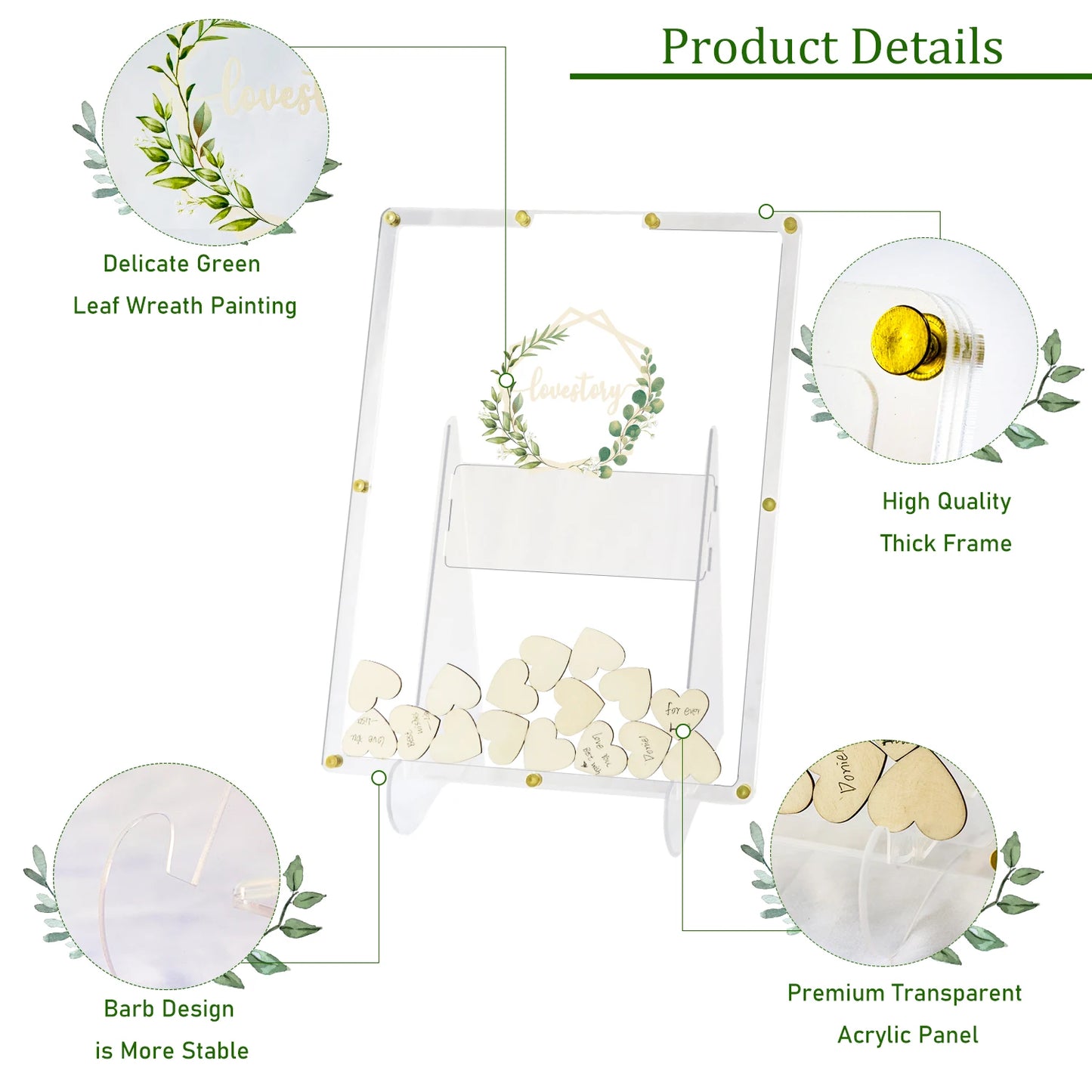 Acrylic guest book with a green leaf wreath design and "lovestay" text. Features include a thick frame, heart-shaped tokens, a stable barb design, and a clear panel.