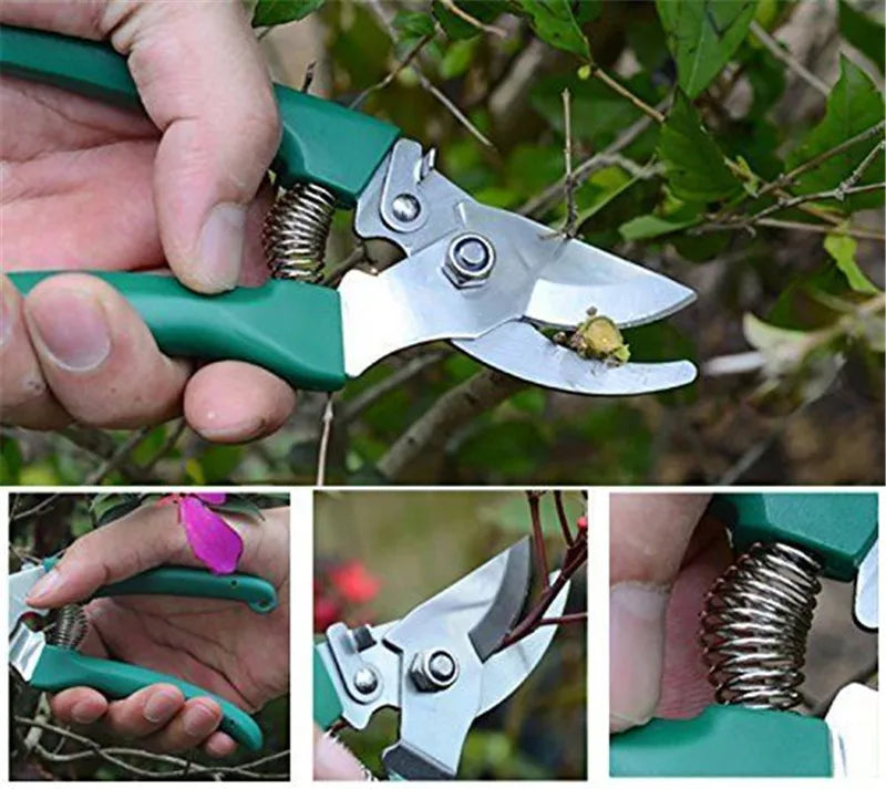 Close-up of garden pruners with green handles trimming branches. Inset images show scissors cutting plants and a detailed view of the tool's spring mechanism.