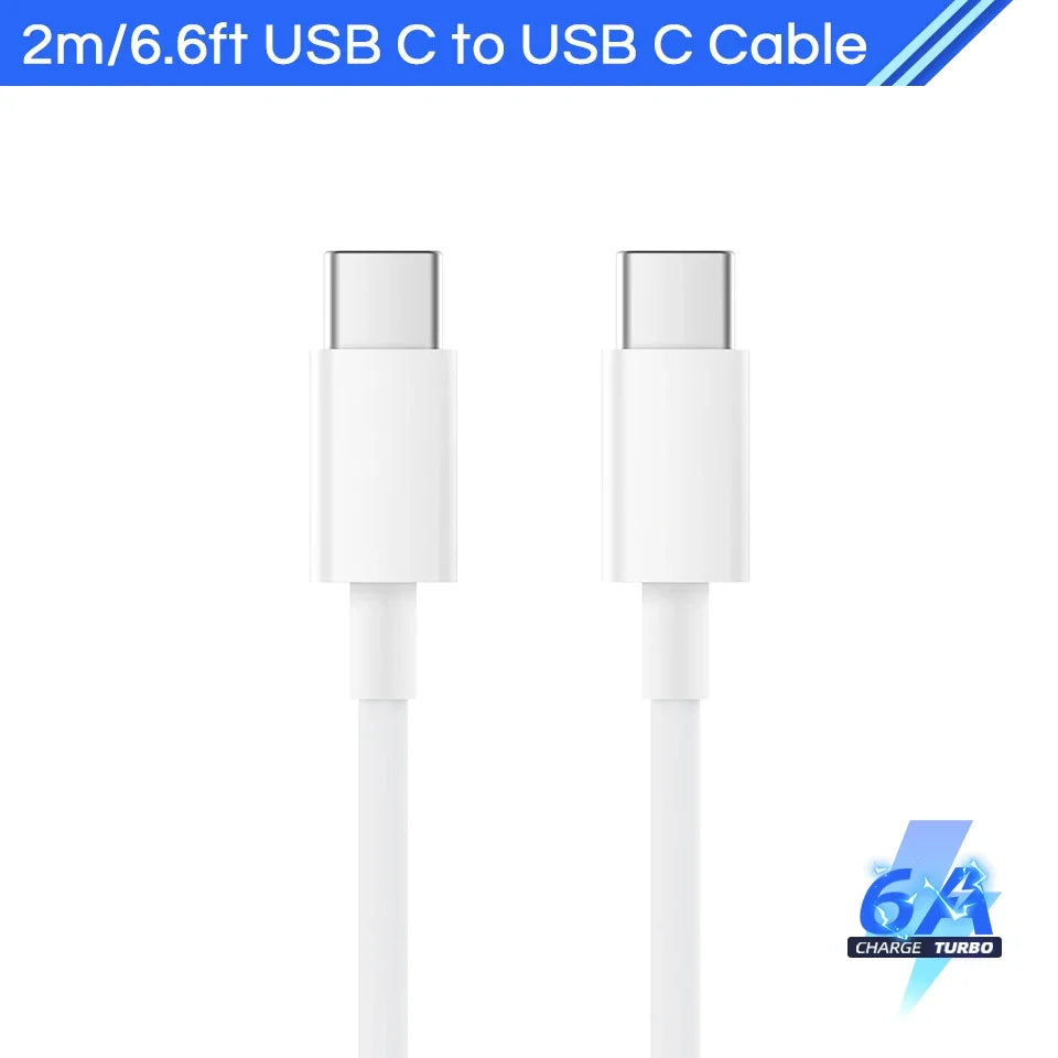 Two white USB-C to USB-C cable connectors on a white background, with text above stating "2m/6.6ft USB C to USB C Cable" and "6A Charge Turbo" logo on the bottom right.