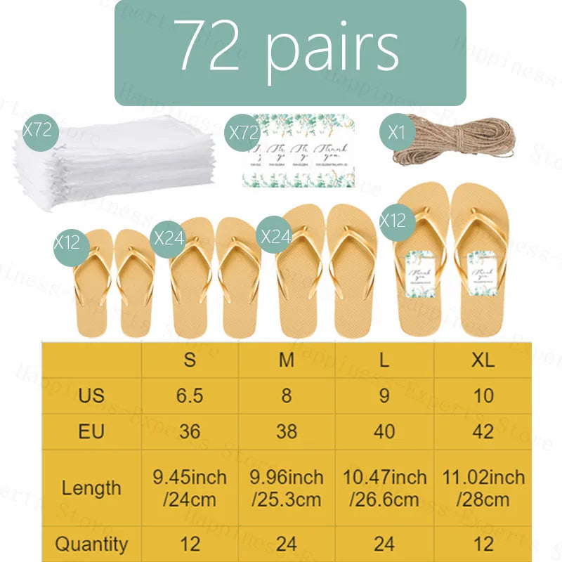 Set of 72 pairs of tan flip-flops in sizes S to XL with thank you tags, white bags, and rope. A size chart provides US/EU sizes, lengths, and quantities for each size.