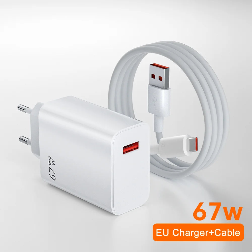 White 67W EU power adapter with two-prong plug and USB port, accompanied by a coiled USB cable. Orange label reads "67w EU Charger+Cable."