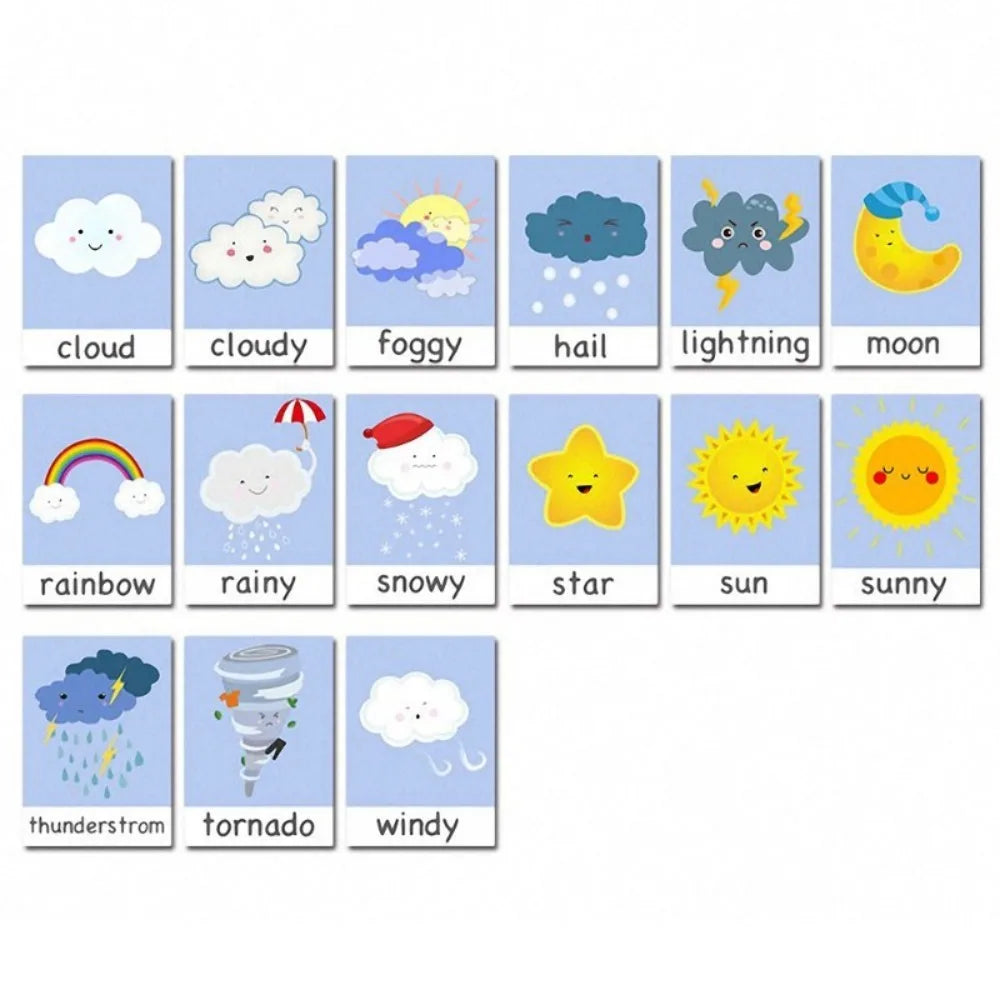 A grid of cute weather icons with labels: cloud, cloudy, foggy, hail, lightning, moon, rainbow, rainy, snowy, star, sun, sunny, thunderstorm, tornado, windy.