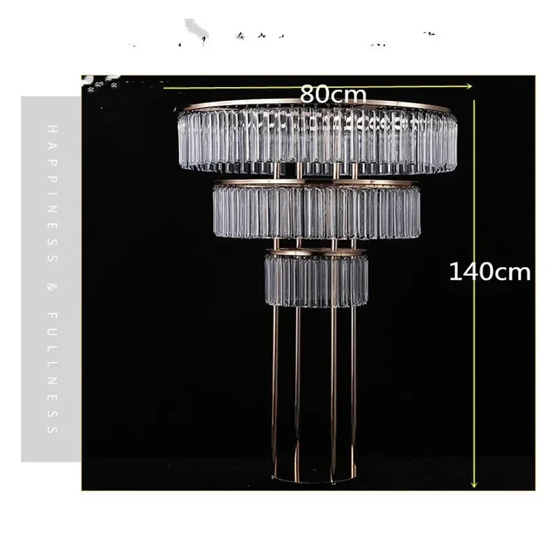 Luxurious crystal chandelier with three tiers of glass prisms. Dimensions: 80cm wide and 140cm tall. Set against a black background with "Happiness & Fullness" text on the side.
